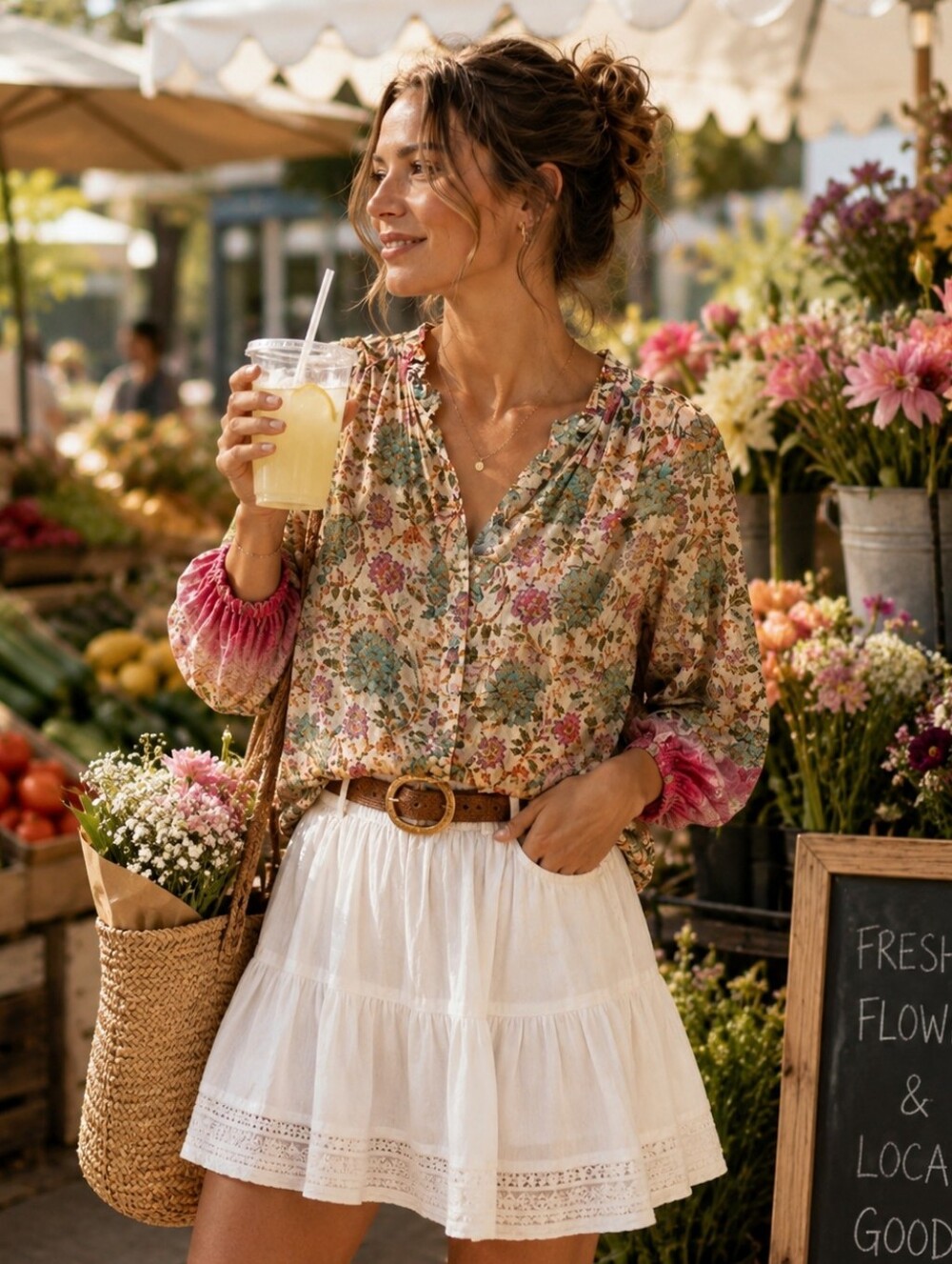 FARMERS MARKET Floral Button-Front Blouse Pink Sleeve Accents
